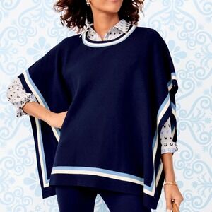 Talbots NWT Navy Blue Crewneck‎ Heavy Knit Poncho M/L Medium Large Striped